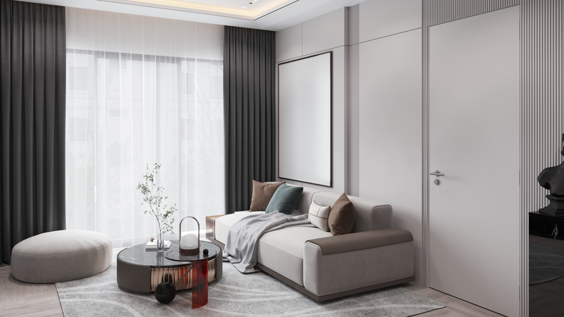 Large white canvas in a minimalist interior - Stock Image
